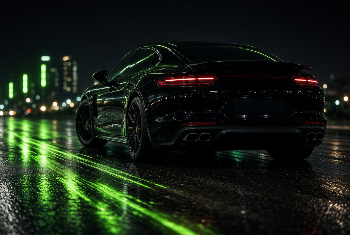 Porsche negro de noche con reflejos lima